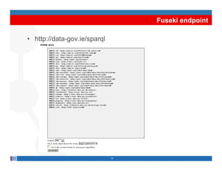Fuseki endpoint

• http://data-gov.ie/sparql




                              18
 