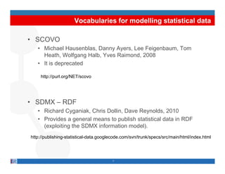 Vocabularies for modelling statistical data

• SCOVO
   • Michael Hausenblas, Danny Ayers, Lee Feigenbaum, Tom
     Heath,
     Heath Wolfgang Halb Y es Raimond 2008
                      Halb, Yves Raimond,
   • It is deprecated

     http://purl.org/NET/scovo
     http://purl org/NET/scovo




• SDMX – RDF
   • Richard Cyganiak, Chris Dollin, Dave Reynolds, 2010
   • Provides a general means to publish statistical data in RDF
     (exploiting the SDMX information model).
http://publishing-statistical-data.googlecode.com/svn/trunk/specs/src/main/html/index.html




                                        7
 