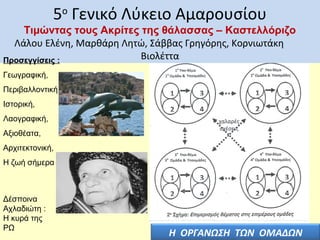 5ο Γενικό Λύκειο Αμαρουσίου

Τιμώντας τους Ακρίτες της θάλασσας – Καστελλόριζο
Λάλου Ελένη, Μαρθάρη Λητώ, Σάββας Γρηγόρης, Κορνιωτάκη
Βιολέττα
Προσεγγίσεις :
Γεωγραφική,
Περιβαλλοντική,
Ιστορική,
Λαογραφική,
Αξιοθέατα,
Αρχιτεκτονική,
Η ζωή σήμερα

Δέσποινα
Αχλαδιώτη :
Η κυρά της
ΡΩ

Η ΟΡΓΑΝΩΣΗ ΤΩΝ ΟΜΑΔΩΝ

 