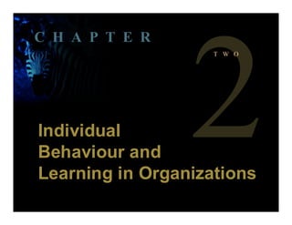 1 © The McGraw-Hill Companies, Inc. 2001McGraw-Hill Ryerson
.
2
T W O
Individual
Behaviour and
Learning in Organizations
IndividualIndividual
Behaviour andBehaviour and
Learning in OrganizationsLearning in Organizations
C H A P T E R
 