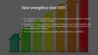 Valor energético total (VET)
 É a ingestão de energia dietética media estimada para que se mantenha o balanço
de energia em um individuo saudável.
 No caso de crianças, gestantes e nutrizes, considera-se que o valor energético total
(VET) inclui as necessidades especificas relacionadas ao crescimento de tecidos ou
à produção do leite materno.
 É o maior componente do gasto energético diário médio de um individuo.
 