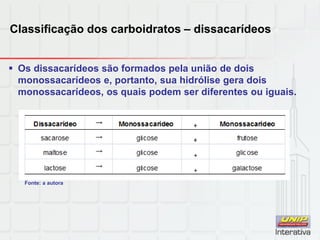 Classificação dos carboidratos – dissacarídeos
 Os dissacarídeos são formados pela união de dois
monossacarídeos e, portanto, sua hidrólise gera dois
monossacarídeos, os quais podem ser diferentes ou iguais.
Fonte: a autora
 