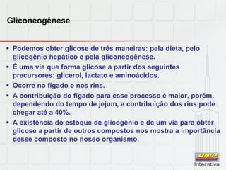 Gliconeogênese
 Podemos obter glicose de três maneiras: pela dieta, pelo
glicogênio hepático e pela gliconeogênese.
 É uma via que forma glicose a partir dos seguintes
precursores: glicerol, lactato e aminoácidos.
 Ocorre no fígado e nos rins.
 A contribuição do fígado para esse processo é maior, porém,
dependendo do tempo de jejum, a contribuição dos rins pode
chegar até a 40%.
 A existência do estoque de glicogênio e de um via para obter
glicose a partir de outros compostos nos mostra a importância
desse composto no nosso organismo.
 