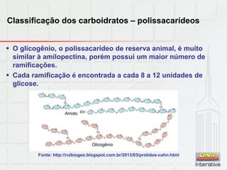 Classificação dos carboidratos – polissacarídeos
 O glicogênio, o polissacarídeo de reserva animal, é muito
similar à amilopectina, porém possui um maior número de
ramificações.
 Cada ramificação é encontrada a cada 8 a 12 unidades de
glicose.
Glicogênio
Amido
Fonte: http://ruibiogeo.blogspot.com.br/2013/03/protidos-cohn.html
 