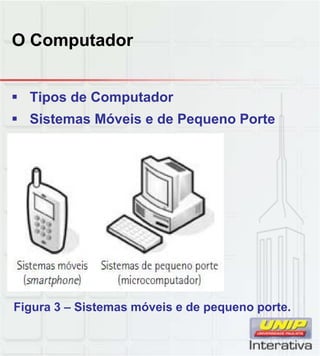 O Computador
 Tipos de Computador
 Sistemas Móveis e de Pequeno Porte
Figura 3 – Sistemas móveis e de pequeno porte.
 