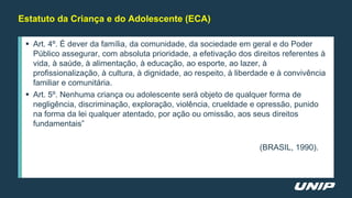  Art. 4º. É dever da família, da comunidade, da sociedade em geral e do Poder
Público assegurar, com absoluta prioridade, a efetivação dos direitos referentes à
vida, à saúde, à alimentação, à educação, ao esporte, ao lazer, à
profissionalização, à cultura, à dignidade, ao respeito, à liberdade e à convivência
familiar e comunitária.
 Art. 5º. Nenhuma criança ou adolescente será objeto de qualquer forma de
negligência, discriminação, exploração, violência, crueldade e opressão, punido
na forma da lei qualquer atentado, por ação ou omissão, aos seus direitos
fundamentais”
(BRASIL, 1990).
Estatuto da Criança e do Adolescente (ECA)
 
