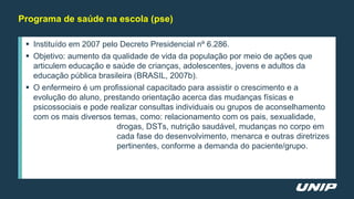  Instituído em 2007 pelo Decreto Presidencial nº 6.286.
 Objetivo: aumento da qualidade de vida da população por meio de ações que
articulem educação e saúde de crianças, adolescentes, jovens e adultos da
educação pública brasileira (BRASIL, 2007b).
 O enfermeiro é um profissional capacitado para assistir o crescimento e a
evolução do aluno, prestando orientação acerca das mudanças físicas e
psicossociais e pode realizar consultas individuais ou grupos de aconselhamento
com os mais diversos temas, como: relacionamento com os pais, sexualidade,
drogas, DSTs, nutrição saudável, mudanças no corpo em
cada fase do desenvolvimento, menarca e outras diretrizes
pertinentes, conforme a demanda do paciente/grupo.
Programa de saúde na escola (pse)
 