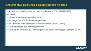  A cada mil nascidos vivos no mundo, 49,4 vão a óbito. (ONU,2015).
No Brasil:
 22 óbitos a cada mil nascidos vivos;
 população de 201,5 milhões de pessoas;
 59,7 milhões com menos de 18 anos de idade (PNAD, 2013);
 Mais da metade são afrodescendentes;
 Mais de um terço dos 821 mil indígenas do país são crianças (CENSO, 2010).
Panorama atual da infância e da adolescência no brasil
 