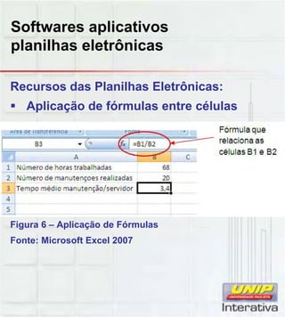 Softwares aplicativos
planilhas eletrônicas
Recursos das Planilhas Eletrônicas:
Aplicação de fórmulas entre células
Figura 6 – Aplicação de Fórmulas
F t Mi ft E l 2007Fonte: Microsoft Excel 2007
 