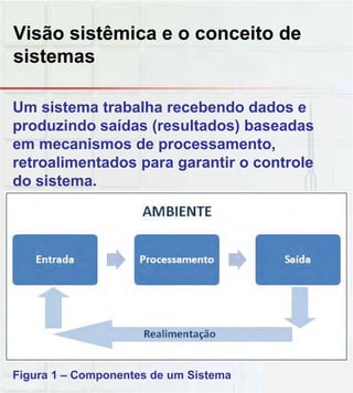 Visão sistêmica e o conceito de
sistemas
Um sistema trabalha recebendo dados e
produzindo saídas (resultados) baseadas
em mecanismos de processamento,
retroalimentados para garantir o controle
do sistema.
Figura 1 – Componentes de um Sistema
 