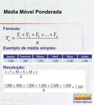 Média Móvel Ponderada
Fórmula:
Exemplo de média simples:
n
YYYY
Y n
a


...321
Resolução:
 