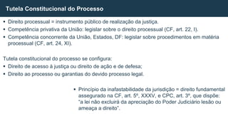  Direito processual = instrumento público de realização da justiça.
 Competência privativa da União: legislar sobre o direito processual (CF, art. 22, I).
 Competência concorrente da União, Estados, DF: legislar sobre procedimentos em matéria
processual (CF, art. 24, XI).
Tutela constitucional do processo se configura:
 Direito de acesso à justiça ou direito de ação e de defesa;
 Direito ao processo ou garantias do devido processo legal.
 Princípio da inafastabilidade da jurisdição = direito fundamental
assegurado na CF, art. 5º, XXXV, e CPC, art. 3º, que dispõe:
“a lei não excluirá da apreciação do Poder Judiciário lesão ou
ameaça a direito”.
Tutela Constitucional do Processo
 