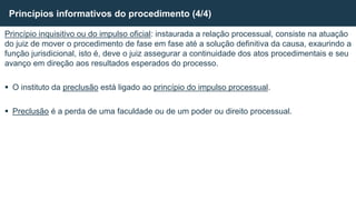 Princípio inquisitivo ou do impulso oficial: instaurada a relação processual, consiste na atuação
do juiz de mover o procedimento de fase em fase até a solução definitiva da causa, exaurindo a
função jurisdicional, isto é, deve o juiz assegurar a continuidade dos atos procedimentais e seu
avanço em direção aos resultados esperados do processo.
 O instituto da preclusão está ligado ao princípio do impulso processual.
 Preclusão é a perda de uma faculdade ou de um poder ou direito processual.
Princípios informativos do procedimento (4/4)
 