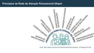 Princípios da Rede de Atenção Psicossocial (Raps)
Fonte: https://sgmd.nute.ufsc.br/content/portal-aberta-sgmd/e01_m18/pagina-03.html
 