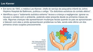  Em torno de 1943, o médico Leo Kanner, chefe do serviço de psiquiatria infantil do Johns
Hopkins Hospital de Baltimore, publicou o artigo: “Os distúrbios autísticos do contato afetivo”.
 Identificou que o “isolamento autístico extremo” levava a criança a negligenciar, ignorar ou
recusar o contato com o ambiente, podendo estar presente desde os primeiros meses de
vida. Algumas crianças não apresentavam mudanças faciais quando os pais se aproximavam
e falavam com elas e ainda apresentavam problemas na fala, sendo este último um dos
primeiros sinais surgidos precocemente.
Leo Kanner
Fonte:
http://www.engemed.m
ed.br/2019/04/02/0204-
dia-mundial-de-
conscientizacao-do-
autismo-confira-as-
descobertas/
 