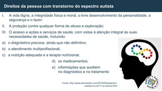 I. A vida digna, a integridade física e moral, o livre desenvolvimento da personalidade, a
segurança e o lazer;
II. A proteção contra qualquer forma de abuso e exploração;
III. O acesso a ações e serviços de saúde, com vistas à atenção integral às suas
necessidades de saúde, incluindo:
a) o diagnóstico precoce, ainda que não definitivo;
b) o atendimento multiprofissional;
c) a nutrição adequada e a terapia nutricional;
d) os medicamentos;
e) informações que auxiliem
no diagnóstico e no tratamento
Direitos da pessoa com transtorno do espectro autista
Fonte: http://www.benoliveira.com/2019/04/espectro-
autista-no-cid-11-e-menos.html
 