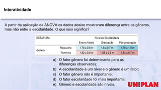 A partir da aplicação da ANOVA os dados abaixo mostraram diferença entre os gêneros,
mas não entre a escolaridade. O que isso significa?
a) O fator gênero foi determinante para as
diferenças observadas;
b) A escolaridade é um nível e o gênero é um fator;
c) O fator gênero não é importante;
d) O fator escolaridade foi mais importante;
e) Gênero e escolaridade são níveis.
Interatividade
 