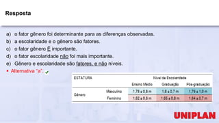 Resposta
a) o fator gênero foi determinante para as diferenças observadas.
b) a escolaridade e o gênero são fatores.
c) o fator gênero É importante.
d) o fator escolaridade não foi mais importante.
e) Gênero e escolaridade são fatores, e não níveis.
 Alternativa “a”.
 
