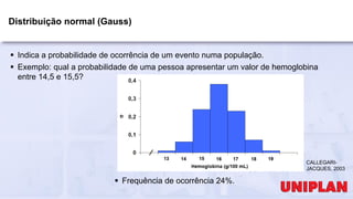  Indica a probabilidade de ocorrência de um evento numa população.
 Exemplo: qual a probabilidade de uma pessoa apresentar um valor de hemoglobina
entre 14,5 e 15,5?
 Frequência de ocorrência 24%.
Distribuição normal (Gauss)
CALLEGARI-
JACQUES, 2003
 