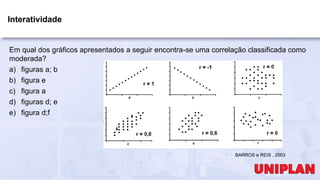 Interatividade
Em qual dos gráficos apresentados a seguir encontra-se uma correlação classificada como
moderada?
a) figuras a; b
b) figura e
c) figura a
d) figuras d; e
e) figura d;f
BARROS e REIS , 2003
 