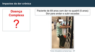 Impactos da dor crônica
Fonte: Ambulatório da Santa Casa – SP
Paciente de 69 anos com dor no quadril (5 anos)
Dor para andar e subir escadas
Doença
Complexa
?
 