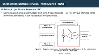 Publicação por Wall e Sweet em 1967
 Demonstraram que a estimulação com uma frequência alta (100 Hz) ativava grandes fibras
aferentes, reduzindo a dor neuropática nos pacientes.
Estimulação Elétrica Nervosa Transcutânea (TENS)
Fonte: Livro-texto.
Entrada do estímulo
Fibras de
grande calibre
Fibras de
pequeno calibre
Controle central
Sistemas
de ação
T cell
SG
Figura 24 – Diagrama mostrando a Teoria das Comportas Medulares da Dor originalmente
descrita por Melzack e Wall, 1965
 