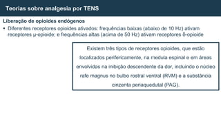 Liberação de opioides endógenos
 Diferentes receptores opioides ativados: frequências baixas (abaixo de 10 Hz) ativam
receptores μ-opioide; e frequências altas (acima de 50 Hz) ativam receptores δ-opioide
Teorias sobre analgesia por TENS
Existem três tipos de receptores opioides, que estão
localizados perifericamente, na medula espinal e em áreas
envolvidas na inibição descendente da dor, incluindo o núcleo
rafe magnus no bulbo rostral ventral (RVM) e a substância
cinzenta periaquedutal (PAG).
 