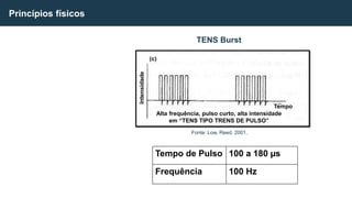 Princípios físicos
Tempo de Pulso 100 a 180 µs
Frequência 100 Hz
Fonte: Low, Reed, 2001.
Alta frequência, pulso curto, alta intensidade
em “TENS TIPO TRENS DE PULSO”
Intensidade
(c)
Tempo
TENS Burst
 