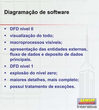 Diagramação de software
DFD í l 0 DFD nível 0
 visualização do todo;
 macroprocessos visíveis;
 apresentação das entidades externas,
fluxo de dados e deposito de dadosfluxo de dados e deposito de dados
principais.
 DFD nível 1
 explosão do nível zero;
 maiores detalhes, mais completo;
 possui tratamento de exceções.
 