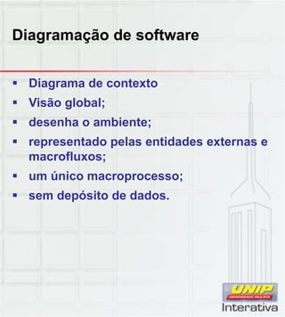 Diagramação de software
Di d t t Diagrama de contexto
 Visão global;
 desenha o ambiente;
 representado pelas entidades externas e
macrofluxos;macrofluxos;
 um único macroprocesso;
 sem depósito de dados.
 