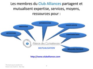 Les membres du  Club Alliances  partagent et mutualisent expertise, services, moyens, ressources pour : The best way to predict the future is to invent it - Alan Kay MUTUALISATION http://www.cluballiances.com COMPLEMENTARITE INNOVATION ANTICIPATION DIFFERENCIATION VALEUR AJOUTEE MEILLEURES PRATIQUES 