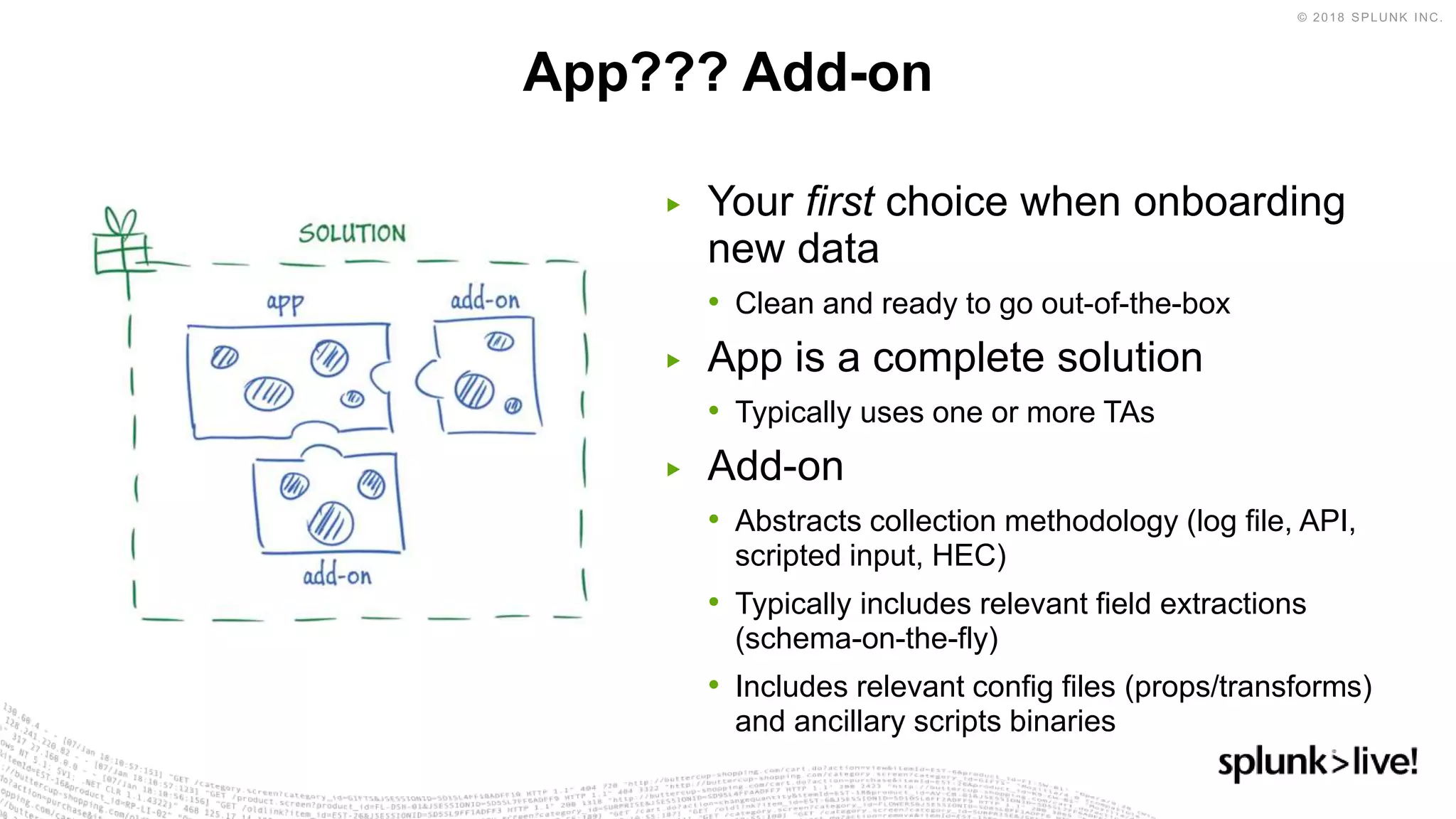 App??? Add-on
▶ Your first choice when onboarding
new data
• Clean and ready to go out-of-the-box
▶ App is a complete solution
• Typically uses one or more TAs
▶ Add-on
• Abstracts collection methodology (log file, API,
scripted input, HEC)
• Typically includes relevant field extractions
(schema-on-the-fly)
• Includes relevant config files (props/transforms)
and ancillary scripts binaries
 