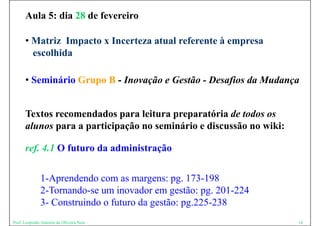 Aula 5: dia 28 de fevereiro

      • Matriz Impacto x Incerteza atual referente à empresa
        escolhida
            lhid

      • Seminário Grupo B - Inovação e Gestão - Desafios da Mudança


      Textos recomendados para leitura preparatória de todos os
      alunos para a participação no seminário e discussão no wiki:

      ref. 4.1 O futuro da administração


              1-Aprendendo com as margens: pg. 173 198
              1A      d d                      173-198
              2-Tornando-se um inovador em gestão: pg. 201-224
              3- Construindo f t
              3 C t i d o futuro da gestão: pg.225-238
                                    d     tã     225 238
Prof. Leopoldo Antonio de Oliveira Neto                              16
 