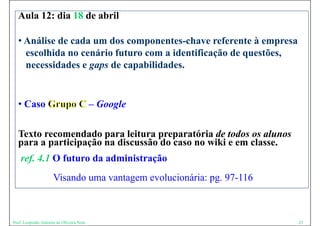 Aula 12: dia 18 de abril

  • Análise de cada um dos componentes-chave referente à empresa
    escolhida no cenário futuro com a identificação de questões,
        lhid        á i f t           id tifi ã d          tõ
    necessidades e gaps de capabilidades.


  • Caso                                  – Google

  Texto recomendado para leitura preparatória de todos os alunos
  para a participação na discussão do caso no wiki e em classe.
    ref. 4.1 O futuro da administração
                     Visando
                     Vi d uma vantagem evolucionária: pg. 97-116
                                 t        l i ái          97 116



Prof. Leopoldo Antonio de Oliveira Neto                            23
 