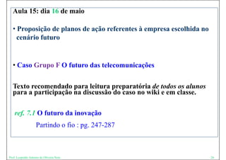 Aula 15: dia 16 de maio

  • Proposição de planos de ação referentes à empresa escolhida no
    cenário futuro
       á i f t


  • Caso Grupo F O futuro das telecomunicações

  Texto recomendado para leitura p p
                      p           preparatória de todos os alunos
  para a participação na discussão do caso no wiki e em classe.

    ref. 7.1 O futuro da inovação
                    Partindo o fio : pg. 247-287
                                     pg 247 287



Prof. Leopoldo Antonio de Oliveira Neto                              26
 