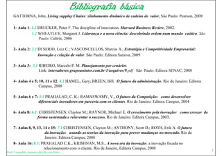 Bibliografia básica
    GATTORNA, John, Living supplay Chains: alinhamento dinâmico de cadeias de valor, São Paulo: Pearson, 2009

    1- Aula 1: 1.1 DRUCKER, Peter F. The discipline of innovation. Harvard Business Review, 2002.
               1.2 WHEATLEY, Margaret J. Liderança e a nova ciência: descobrindo ordem num mundo caótico. São
                   Paulo: Cultrix, 2006

    2- Aula 2: 2.1 DI SERIO, Luiz C.; VASCONCELLOS, Marcos A., Estratégia e Competitividade Empresarial:
                   Inovação e criação de valor. São Paulo: Editora Saraiva, 2009

    3- Aula 3: 3.1 RIBEIRO, Marcelo P. M. Planejamento por cenários
                   Link: intersaberes.grupouninter.com.br/1/arquivos/9.pdf Sã Paulo: Editora SENAC, 2008
                   Li k i       b            i         b /1/    i /9 df São P l Edi          SENAC

    4- Aulas 4 e 5; 10, 11 e 12: 4.1 HAMEL, Gary; BREEN, Bill. O futuro da administração. Rio de Janeiro: Editora
                   Campus,
                   Campus 2008

    5- Aulas 6 e 7: 5.1 PRAHALAD, C. K.; RAMASWAMY, V., O futuro da Competição: como desenvolver
                   diferenciais inovadores em parceria com os clientes. Rio de Janeiro: Editora Campus, 2004

    6- Aula 8: 6.1: CHRISTENSEN, Clayton M.; RAYNOR, Michael E. O crescimento pela inovação: como crescer de
                   forma sustentada e reinventar o sucesso. Rio de Janeiro: Editora Campus, 2003.

    7- Aulas 8, 9, 13, 14 e 15: 7.1 CHRISTENSEN, Clayton M.; ANTHONY, Scott D.; ROTH, Erik A. O futuro
                        da inovação: usando as teorias da inovação para prever mudanças no mercado. Rio de
                        Janeiro: Editora Campus, 2008
    8- Aula 16: 8.1: PRAHALAD C.K., KRISHNAN, M.S., A nova era da inovação: a inovação focada no
                       relacionamento com o cliente. Rio de Janeiro, Editora Campus, 2008
Prof. Leopoldo Antonio de Oliveira Neto
                                                                                                                    5
 