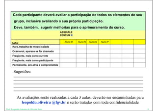 Cada participante deverá avaliar a participação de todos os elementos de seu
        grupo, inclusive avaliando a sua própria participação.
        Deve, também, sugerir melhorias para o aprimoramento do curso.
                                             ASSINALE
                                             COM UM X

                                               Aluno M   Aluno N   Aluno O   Aluno P
     DATA:
      Rara, trabalha de modo isolado
      Ocasional, aparece se for chamado
      Freqüente, mais como ouvinte
      Freqüente, mais como participante
         q     ,           p      p
      Permanente, pró-ativa e comprometida

       Sugestões:
       _______________________________________________________________
       _______________________________________________________________
       _______________________________________________________________
       _______________________________________________________________
       _______________________________________________________________

           As avaliações serão realizadas a cada 3 aulas, deverão ser encaminhadas para
             leopoldo.oliveira @fgv.br e serão tratadas com toda confidencialidade
Prof. Leopoldo Antonio de Oliveira Neto                                                   9
 