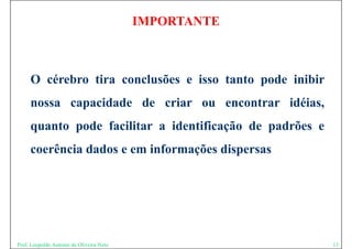 .......
                                          IMPORTANTE
                                          Kkkkkkkkkkkkkkk



     O cérebro tira conclusões e isso tanto pode inibir
     nossa capacidade de criar ou encontrar idéias,
     quanto pode facilitar a identificação de padrões e
     coerência dados e em informações dispersas




Prof. Leopoldo Antonio de Oliveira Neto                     13
 