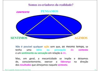 Somos co-criadores da realidade?

                 CONTEXTO                  PENSAMOS




        SENTIMOS                                                      AGIMOS

               Não é possível qualquer ação sem que, ao mesmo tempo, se
               tenha     uma    idéia    ou     percepção    do contexto
               e um sentimento ou sensação em relação à ele.

               Mas, em geral, a mecanicidade se impõe                 e deixamos
               de, conscientemente, exercer a liderança               na direção
               dos resultados que almejamos naquele contexto.
Prof. Leopoldo Antonio de Oliveira Neto                                            15
 