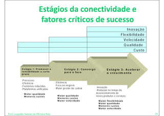 Estágios da conectividade e 
                                       g
                                   fatores críticos de sucesso
                                                                                                                                       In o v a çã o
                                                                                                                                  F le x ib ilid a d e
                                                                                                                                     V e lo c id a d e
                                                                                                                                         l
                                                                                                                                     Q u a lid a d e
                                                                                                                                              C u s to




            E s t á g io 1 : P r o m o v e r a                E s t á g io 2 : C o n v e r g ir                 E s t á g io 3 : A c e le r a r
            r e n t a b ilid a d e a c u r t o                p a ra o fo c o
            p ra zo                                                                                             o c r e s c im e n t o

            -P ro c e s s o s
            -E fic iê n c ia                      -E fic iê n c ia
            -F ro n te ira s re d u z id a s      -F o c o n o n e g ó c io
                                                  -M a io r g e s tã o d a c a d e ia             -In o v a ç ã o
            -P la ta fo rm a s u n ific a d a s                                                   -R e d u ç ã o n o te m p o d e
                                                                                                   R
               M a io r q u a lid a d e                                                           d e s e n v o lv im e n to d e
               M e n o re s c u sto s                M a io r q u a lid a d e                     n o v o s p ro d u to s e s e rv iç o s
                                                     M e n o re s c u sto s
                                                     M a io r v e lo c id a d e                      M a io r f le x ib ilid a d e
                                                                                                     M a io r q u a lid a d e
                                                                                                     M e n o re s cu sto s
                                                                                                     M a io r v e lo c id a d e

Prof. Leopoldo Antonio de Oliveira Neto                                                                                                                  29
 