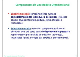 Componentes de um Modelo Organizacional


        Subsistema social: comportamento humano ‐
         comportamento dos indivíduos e dos grupos (relações 
         sociais, grupos informais, cultura, clima, atitudes e 
                           f          l       l          d
         motivação);

        Subsistema técnico: recursos, componentes físicos e 
         abstratos que, até certo ponto independem das pessoas e 
         abstratos que até certo ponto independem das pessoas e
         representados pela divisão do trabalho, tecnologia, 
         instalações físicas, duração das tarefas, e procedimentos.
         instalações físicas duração das tarefas e procedimentos




Prof. Leopoldo Antonio de Oliveira Neto                               31
 