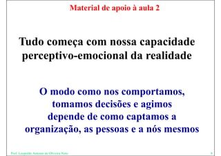 Material de apoio à aula 2



     Tudo começa com nossa capacidade
     perceptivo-emocional da realidade
            ti      i   ld      lid d


            O modo como nos comportamos,
              tomamos decisões e agimos
             depende de como captamos a
                p                 p
         organização, as pessoas e a nós mesmos

Prof. Leopoldo Antonio de Oliveira Neto                                8
 