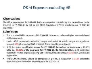 O&M Expenses excluding HR
Observations
The O&M expenses of Rs. 356.455 lakhs are projected considering the expenditure to be
incurred in FY 2023-24 & not as per OERC Regulation (27.15% escalation on FY 2021-22
expenses)
Submission
• The proposed O&M expenses of Rs 356.455 lakh seems to be on higher side and should
not be approved.
• Under A&G, projected electricity charges and watch & ward charges are significant
(around 60% of projected A&G charges). These need to be reviewed.
• SLDC has spent on O&M expenses for FY 2022-23 (actual up to September is 75.155
lakh, i.e. 30.89% of the approved for FY 2022-23, Rs. 181.236 lakhs). SLDC projecting
high O&M related expenses during Oct –March 2021 amounting 116.18 lakh, which is on
higher side.
• The O&M, therefore, should be computed as per OERC Regulation : 5.72% escalation
over actual prorated O&M expenditure of FY 2021-2022.
 