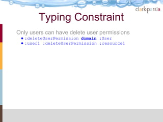 Typing Constraint
Only users can have delete user permissions
 ● :deleteUserPermission domain :User
 ● :user1 :deleteUserPermission :resource1
 