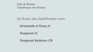 Lista de Eventos
Classificação dos Eventos
Os fluxos são classificados como:
Orientado à Fluxo (F)
Temporal (T)
Temporal Relativo (TR)
 