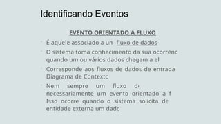 EVENTO ORIENTADO A FLUXO
 É aquele associado a um fluxo de dados
 O sistema toma conhecimento da sua ocorrência
quando um ou vários dados chegam a ele.
 Corresponde aos fluxos de dados de entrada do
Diagrama de Contexto.
 Nem sempre um fluxo de dados é
necessariamente um evento orientado a fluxo.
Isso ocorre quando o sistema solicita de uma
entidade externa um dado.
Identificando Eventos
 