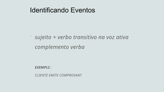  sujeito + verbo transitivo na voz ativa +
complemento verbal
 EXEMPLO:
CLIENTE EMITE COMPROVANTE
Identificando Eventos
 