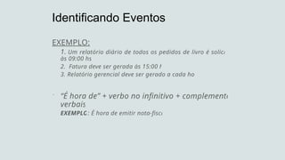 EXEMPLO:
1. Um relatório diário de todos os pedidos de livro é solicitado
às 09:00 hs.
2. Fatura deve ser gerada às 15:00 hs.
3. Relatório gerencial deve ser gerado a cada hora.
 “É hora de” + verbo no infinitivo + complementos
verbais
EXEMPLO: É hora de emitir nota-fiscal
Identificando Eventos
 