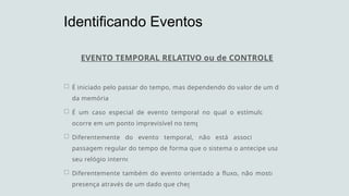EVENTO TEMPORAL RELATIVO ou de CONTROLE
 É iniciado pelo passar do tempo, mas dependendo do valor de um dado
da memória.
 É um caso especial de evento temporal no qual o estímulo externo
ocorre em um ponto imprevisível no tempo.
 Diferentemente do evento temporal, não está associado com a
passagem regular do tempo de forma que o sistema o antecipe usando
seu relógio interno.
 Diferentemente também do evento orientado a fluxo, não mostra sua
presença através de um dado que chega.
Identificando Eventos
 