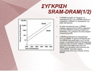 ΣΥΓΚΡΙΣΗ  SRAM-DRAM(1/2) Η SRAM συνεχίζει να &quot;θυμάται&quot; τα περιεχόμενά της, ενώ η DRAM πρέπει να ενημερώνει (refresh) τα περιεχόμενά της κάθε milli second. το υλικό κατασκευής τους, η DRAM περιέχει μικροπυκνωτές (micro capacitor), ενώ στην SRAM συναντούμε διακόπτες (switches), που μπορούν να είναι ανοιχτοί ή κλειστοί (on/off). η SRAM ανταποκρίνεται γρηγορότερα από την DRAM. Ο χρόνος απόκρισης για την SRAM είναι μικρότερος των 4 ns και μπορεί να χρησιμοποιηθεί σε διαφορετικές εκδόσεις στην L2 Cache. Βέβαια, η DRAM είναι κατά πολύ φθηνότερη από την SRAM, ενώ συνεχώς αναπτύσονται νέοι τύποι DRAM, που είναι σαφώς γρηγορότεροι από τους παλιούς τύπους DRAM.  